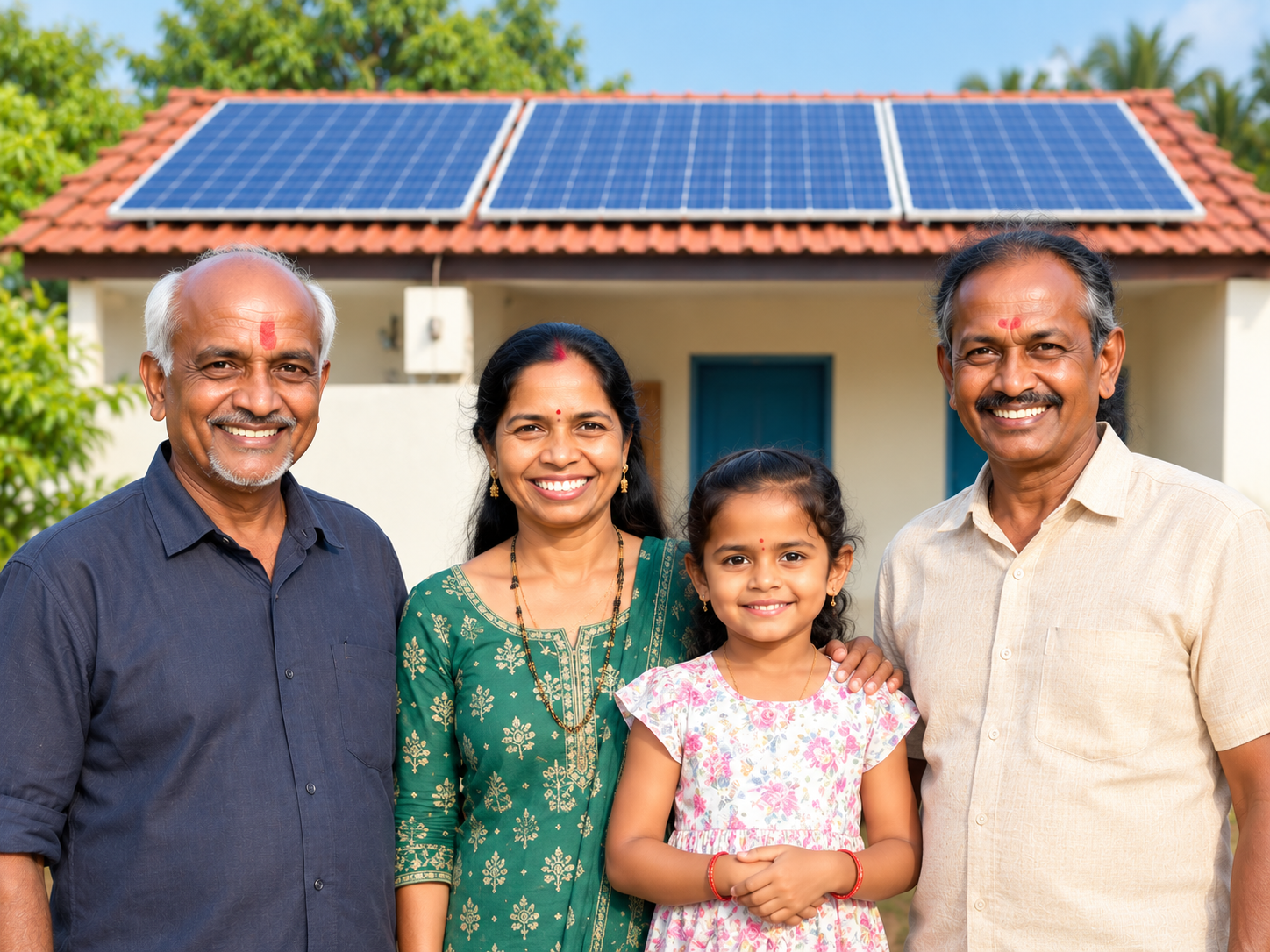 An Indian family in front of their solar-powered home