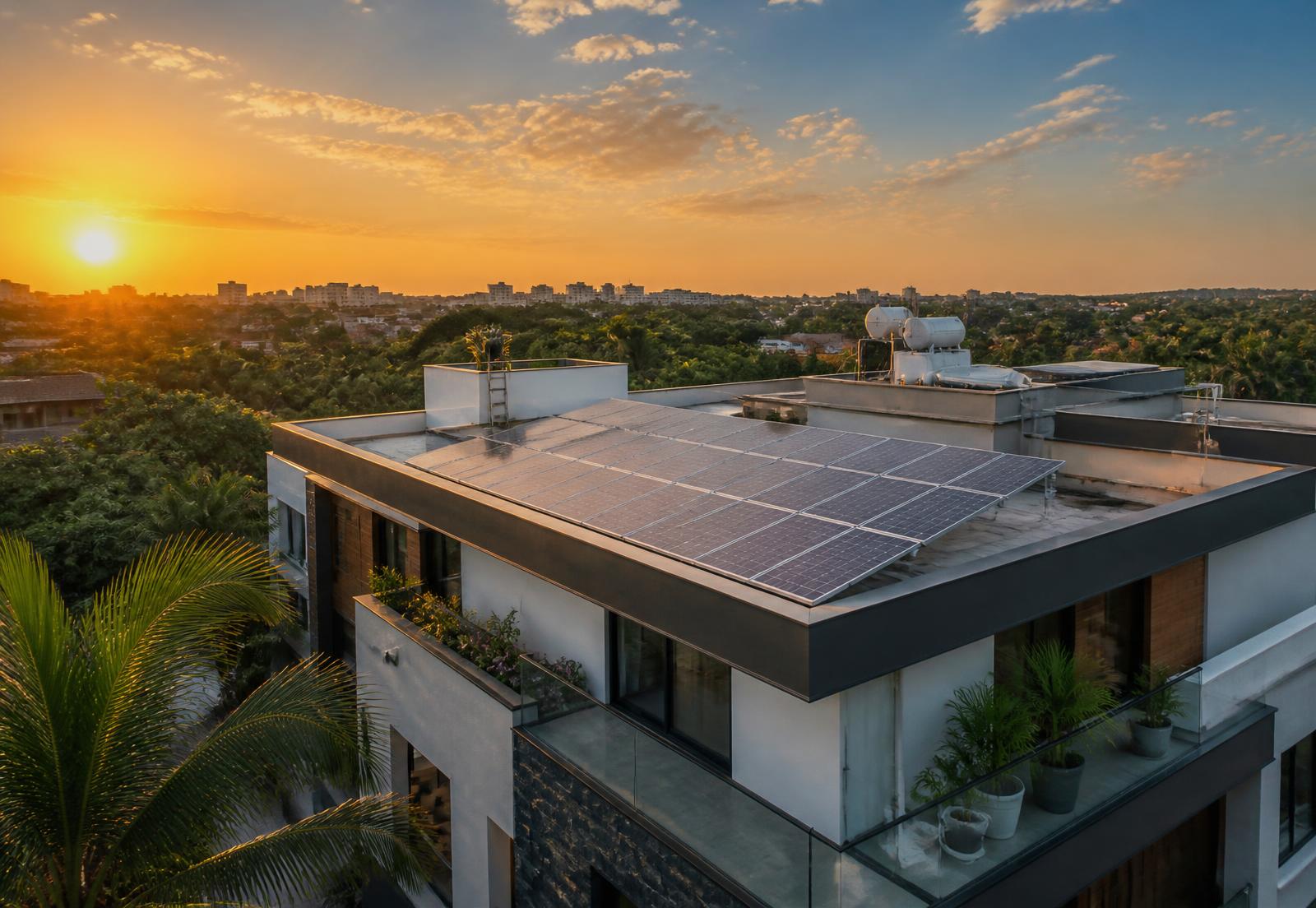 Modern Indian home with rooftop solar panels at sunset
